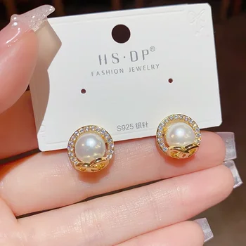 Френските модни кръгли обеци от перли с цирконием, Сребърна игла s925, висококачествени леки Луксозни прости обеци