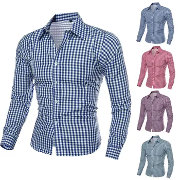 Мъжки Каре Памучни Ежедневни рокли-ризи Slim Fit С дълъг ръкав копчета 2023, Модни Мъжки Бизнес Брандираната риза, Домашна риза