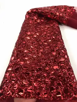 2023, Луксозна червена лейси плат с тежки мъниста, 5 ярда, 3D бродерия, френска лейси плат, ръчно изработени, сватбената рокля YYZ2398