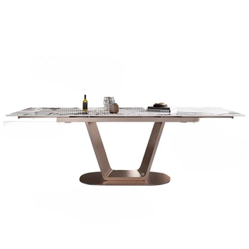 Италиански маса за хранене и столове, комбинация от каменна дъски 1,8 м, Разтегателен Кухненски мебели, на Правоъгълна маса с основа от неръждаема стомана
