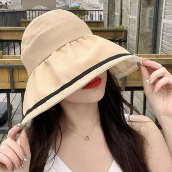 Стилна лятна шапка в корейски стил, солнцезащитная шапка, дамски солнцезащитная шапка, UV-защита за лице, солнцезащитная шапка с голяма периферия, без шапка на върха