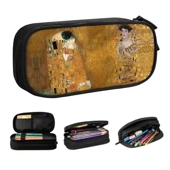 Мила Жена в златни пеналах за момичета и момчета с Голям Капацитет The Kiss By Diana Klimt, чанта за моливи, Канцеларски материали