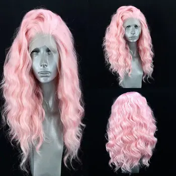 Перука Дантела Отпред на Синтетични косми на Живо Розов цвят, по-Къса вълна от Вода, Топлоустойчива влакнести коса, Естествена линия на растеж на косата, в Свободната част За жени