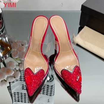 Висококачествени дамски обувки в Нигерия Луксозни вечерни сандали с кристали на висок ток с остър пръсти от PVC Червени сватбени обувки