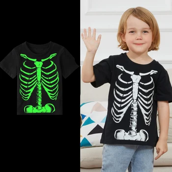 Костюми скелета за малки момчета, Детски дрехи за Хелоуин, тениска с къси ръкави, със светещи в тъмното костите на скелета