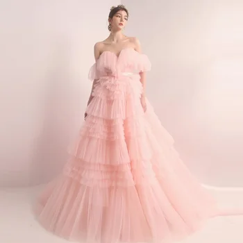 Вечерни рокли от Тюл с Розови Руж Xijun, на много Нива Къдри, Корейски Вечерни Рокли Принцеса с открити Рамене, Вечерна рокля в стил Кънтри 2023