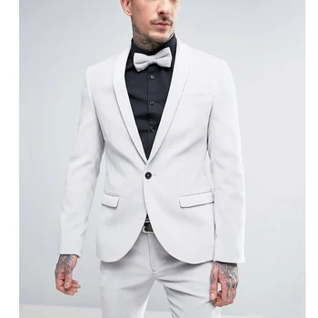 Мъжки костюм, Елегантна блейзър Terno, Сватбена бял шал с ревери, Однобортный яке за младоженеца от две части, панталони Trajes De Hombre