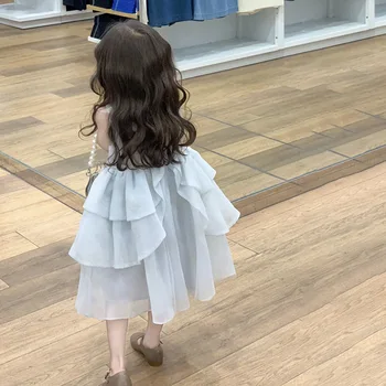 Корейската детски дрехи, дрехи за момичета, лятото ново сладка принцеса рокля, сетчатое пищни рокля без ръкави