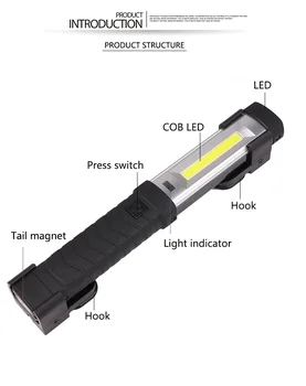 Мини-инспектиращата лампа COB LED със силна светлина, светкавица, USB-акумулаторна лампа с магнитна кука, индикатор за мощност лампа за къмпинг на открито