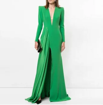 Пикантни Модни Зелени Дамски официални Рокли 2023 С Дълги Ръкави и V-образно деколте, Вечерни Рокли за Абитуриентски бал, Гала Халат De Soirée