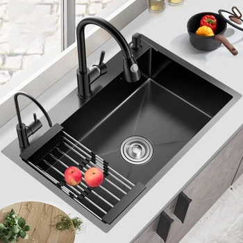 Кухненски мивки от сгъсти неръждаема стомана, черни кухненски принадлежности Nano, голям однощелевой мивка под мивката за миене на съдове
