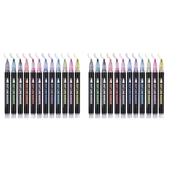 2 Комплекта Двухлинейных контурни Дръжки 12 Цвята Контур Метални маркери Блестящи Контур химикалки За Писане Химикалки за рисуване САМ