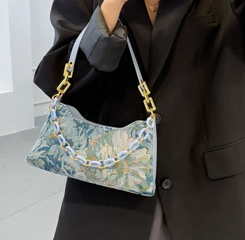 Чанта под мишниците в ретро стил, с бродирани цветя, чанта през рамо От изкуствена кожа, Стеганая чанта-тоут, цветни чанти на веригата, чанта с цип