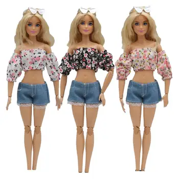 Нови дантелени дънкови къси панталони с пищни ръкави 30 см 1/6, прости дънкови къси панталони с цветен модел, аксесоари за ежедневието, Облекло за кукли Барби