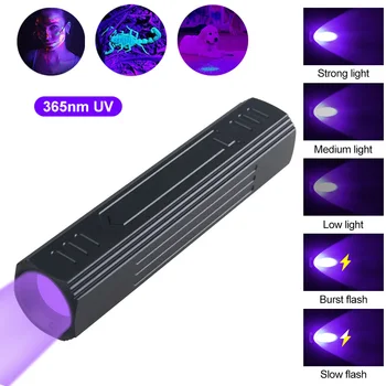 Мини 365nm UV Led Фенерче USB Акумулаторна Мащабируем Черна Светлина 5 режима на Uv UV Фенерче Преносим Урината Петна домашни любимци Скорпион