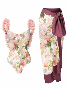 Женски бански 2023 с принтом под формата на листенца на спагети презрамки, едно Парче Бански и Комплект Бикини-Пелерини, Бански костюм, Плажно Облекло