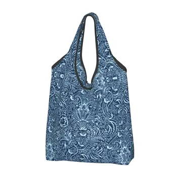 Изработена по поръчка индийски чанта за пазаруване William Morris, дамски преносима чанта за пазаруване с голям капацитет, тъмно синя чанта-тоут, чанти за пазаруване
