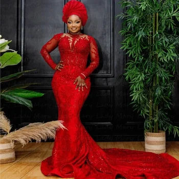 Aso Ebi Съблазнителен Дамски официални рокли с Червени Дантели и Пайети Meraid с Дълги ръкави в Нигерия стил за сватбени Тържества, абитуриентски Балове, Тържества Ro