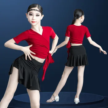 2023 Нови костюми за латино танци за момичета, Детски бална рокля, Дрехи за състезанието, тренировочная дрехи, Червено отгоре и черна къса пола, комплект от 2 теми