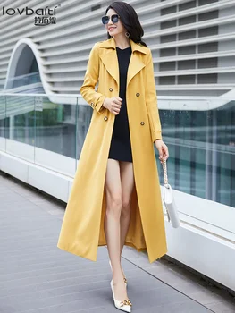 Жълт окачен тренч за жени 2023, нов пролетно-есенен модерен тренч с дължина до коляното в британската мода