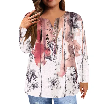 Дамски модни нова тениска с яка, копчета и дълги ръкави с цветен принтом, ежедневни блузи, Модни дамски блуза, тениска 2023