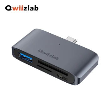 Qwiizlab 4-в-1 Устройство за четене на карти памет SD и microSD със скорост 5 Gbit/s и USB 3.0 Type-C-hub-адаптер за MacBook iMac iPad Surface Pro (сив)