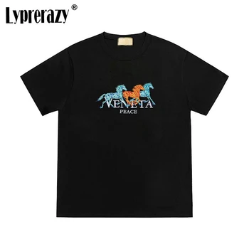 Lyprerazy Tide Брандираната риза с бродерия на коня и с къси ръкави, Свободни Летни памучни мъжки потници, тениски