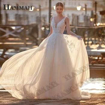 Атрактивни сватбени рокли HAMMAH с дълбоко V-образно деколте за булката 2023 Трапецовидна форма, Без ръкави, с апликации, с отворен гръб и влак, персонализирани
