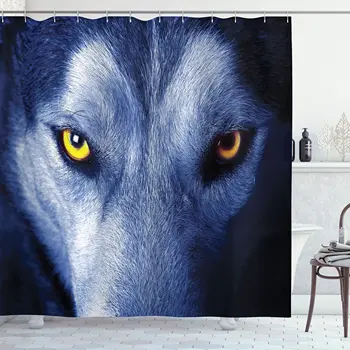 Завеса за душ с изображение на вълк, Диво животно с ядосан израз на лицето, фотография по темата на горската фауна, Текстилен интериор за баня с куки