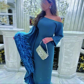 Шарън Каза, Елегантна Вечерна рокля от Дубай със сини пера, Арабско Тюркоазено Жена в Сватбена рокля с дължина до щиколоток Фуксия, Вечерна рокля SF122