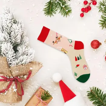 Зимни чорапи, коледни чорапи с цветни принтом, меки нескользящие Унисекс, подаръци със средна дължина, с шарките на Санта Снежен, 2 чифта