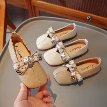 Обувки за момичета 2023 г., пролетно-есенна нови обувки с лък подметка, обувки за малките принцеси, детски обувки bean