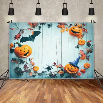 MOON.QG Background Подпори за парти в чест на Хелоуин от синята дървена табла, на фона на детска фотобудки, Тыквенная шапката на клоун, украшения във формата на паяк