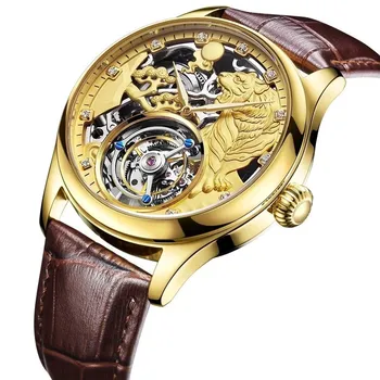 Нови луксозни мъжки механични часовници с Турбийоном и циферблат във формата на скелет на Тигър, мъжки часовник от крокодилска кожа, Бизнес и спортни Reloj Hombre